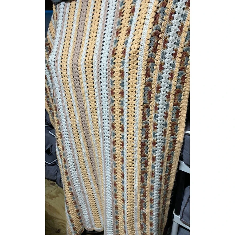 Large Handmade Crochet Earth Tones Blanket Afgan 73X52In Handmade Multi Color